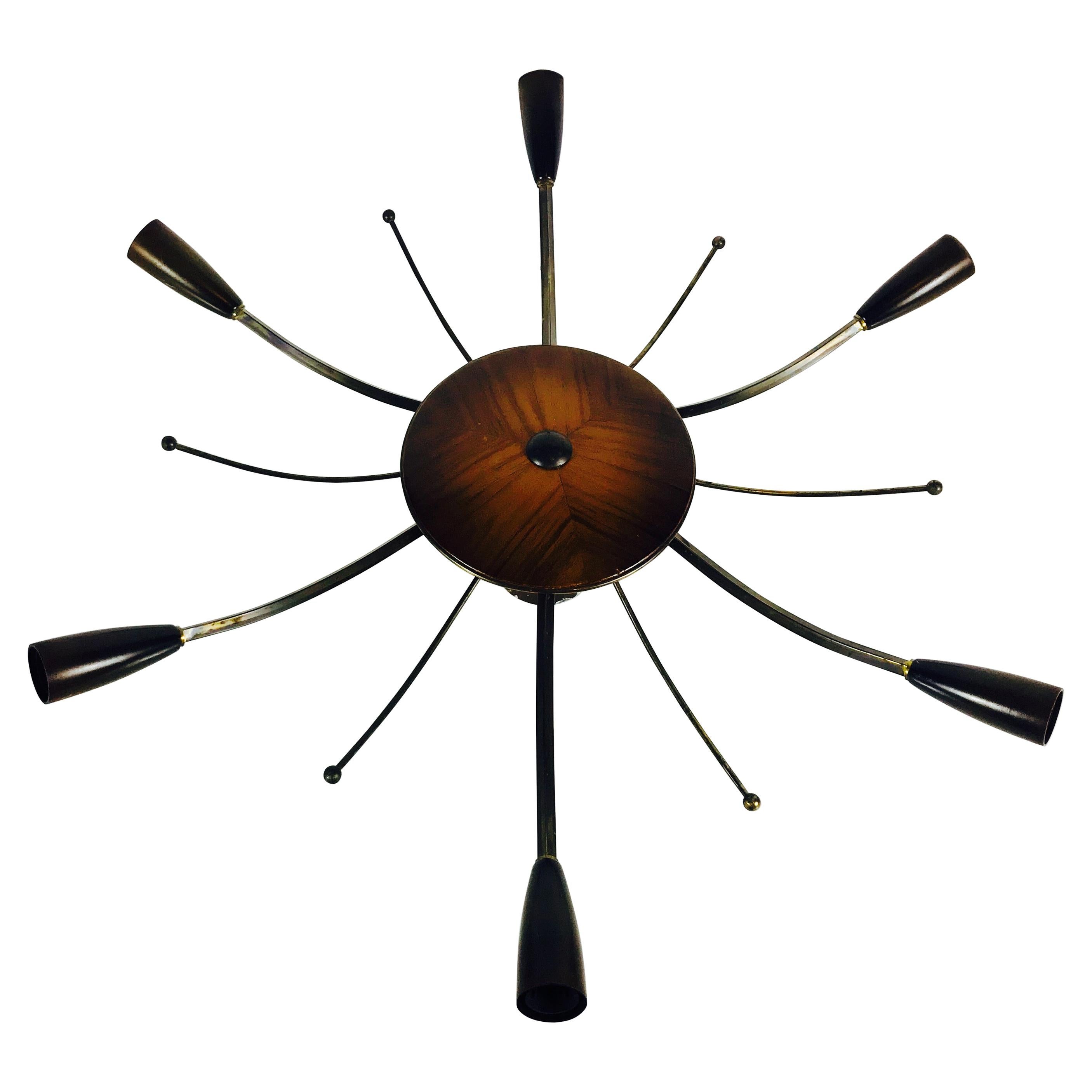 Large Midcentury Wooden 6-Arm Sputnik Chandelier, 1950s