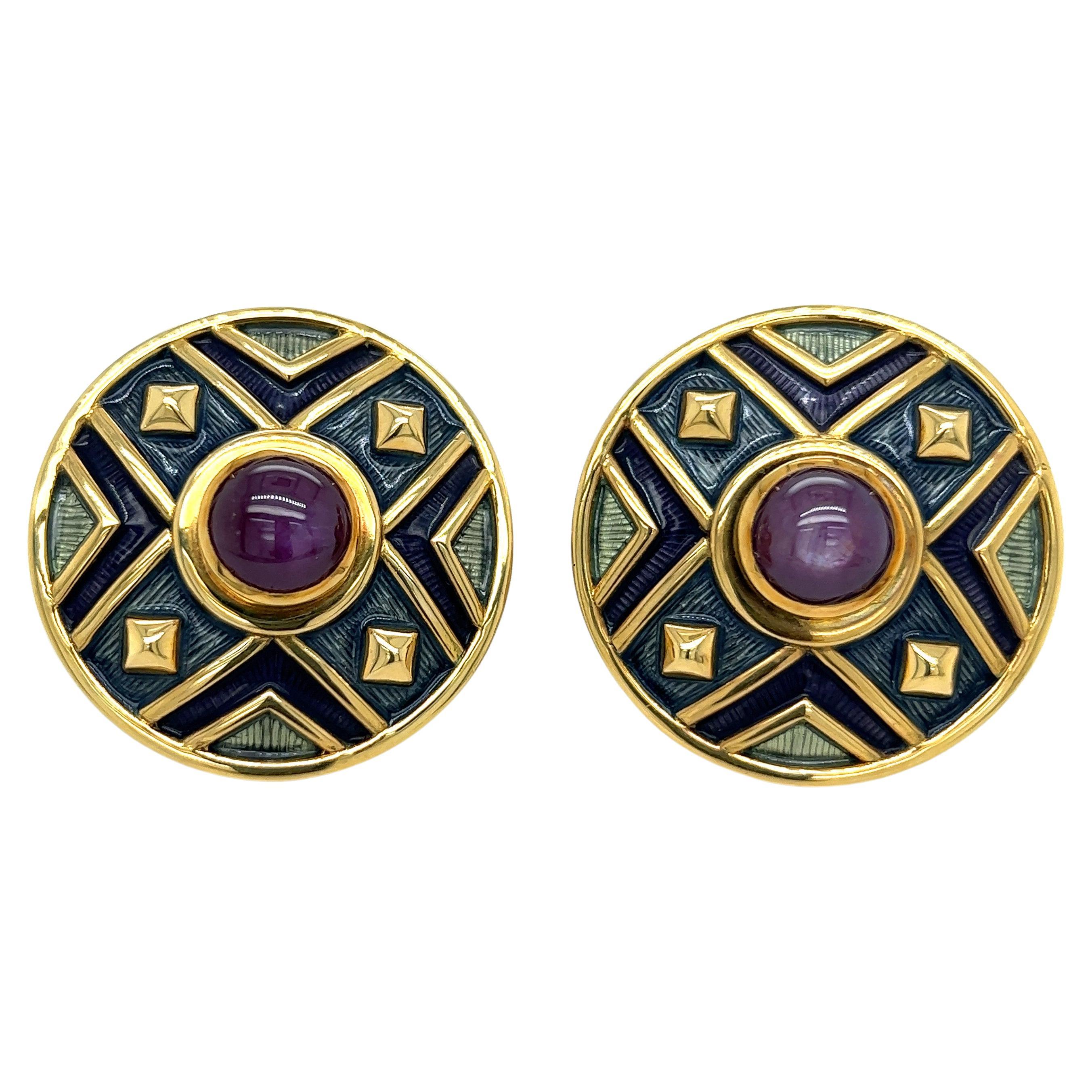 Leo de Vroomen 18KT Yellow Gold Earring with Star Ruby Centers and Enamel