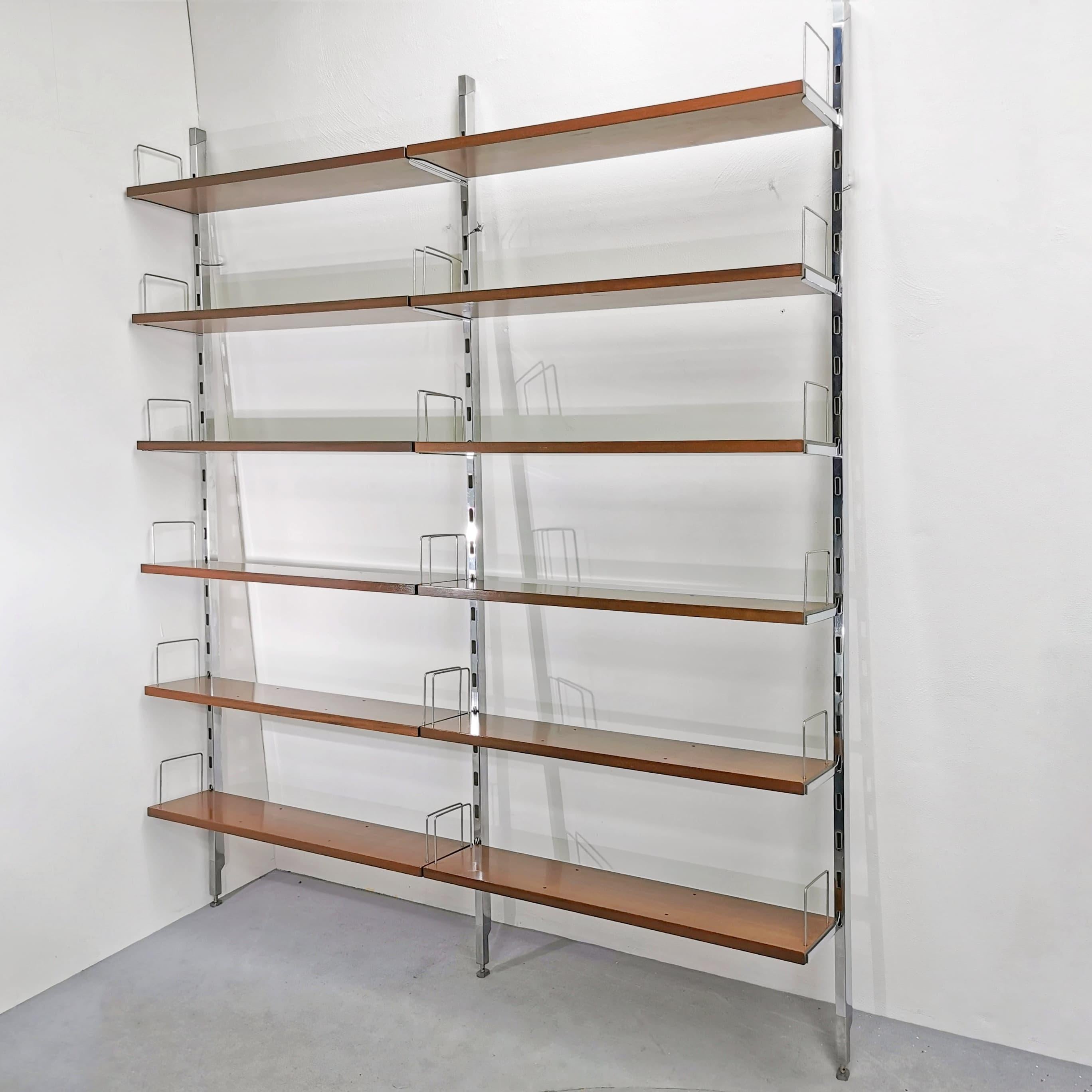 Mid-Century Modern Teak and Steel Wall Shelving Bookcase by Ico Parisi for MIM 1970s For Sale