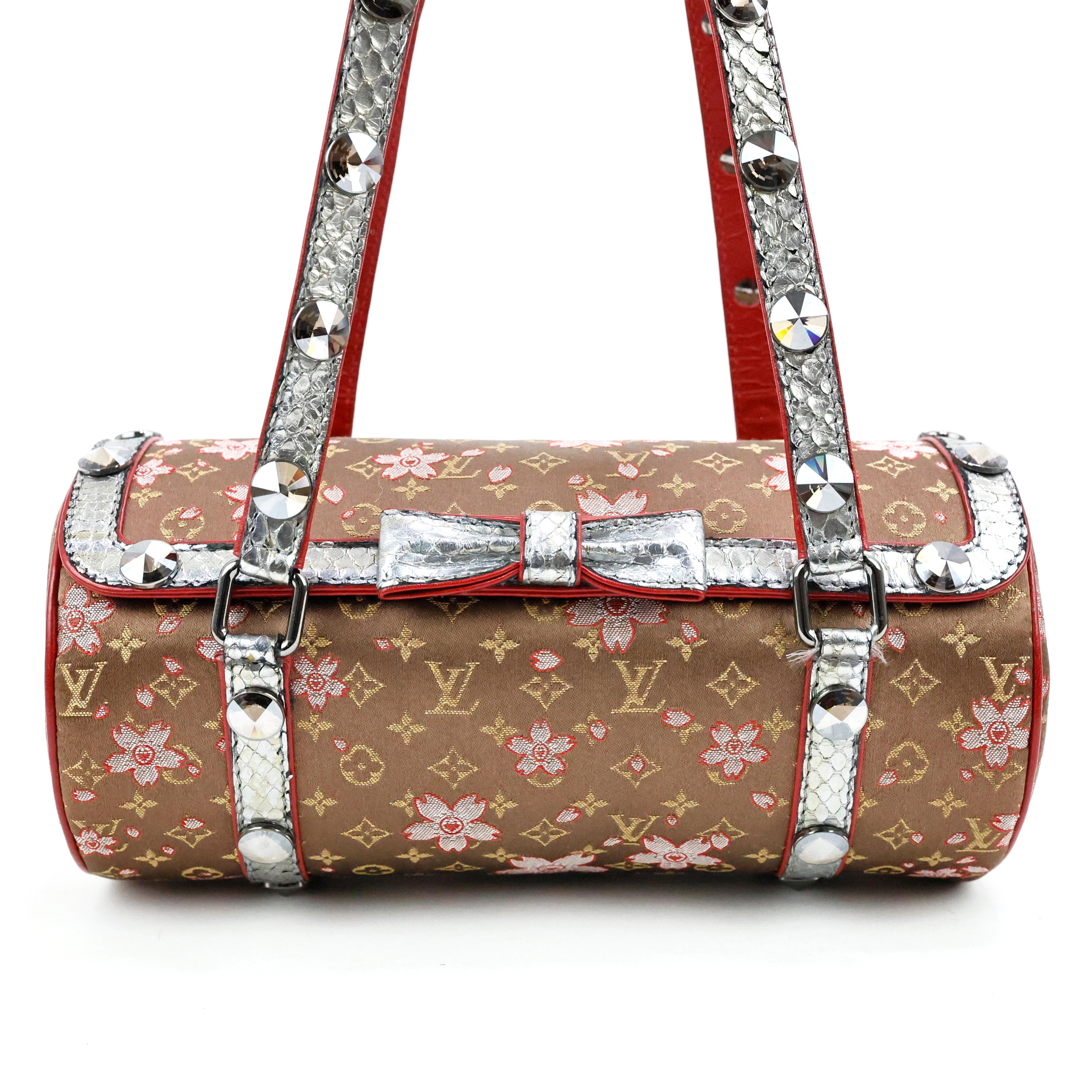 Brown Louis Vuitton Takashi Murakam Cherry Blossom Papillon Silk Python Monogram Bag For Sale