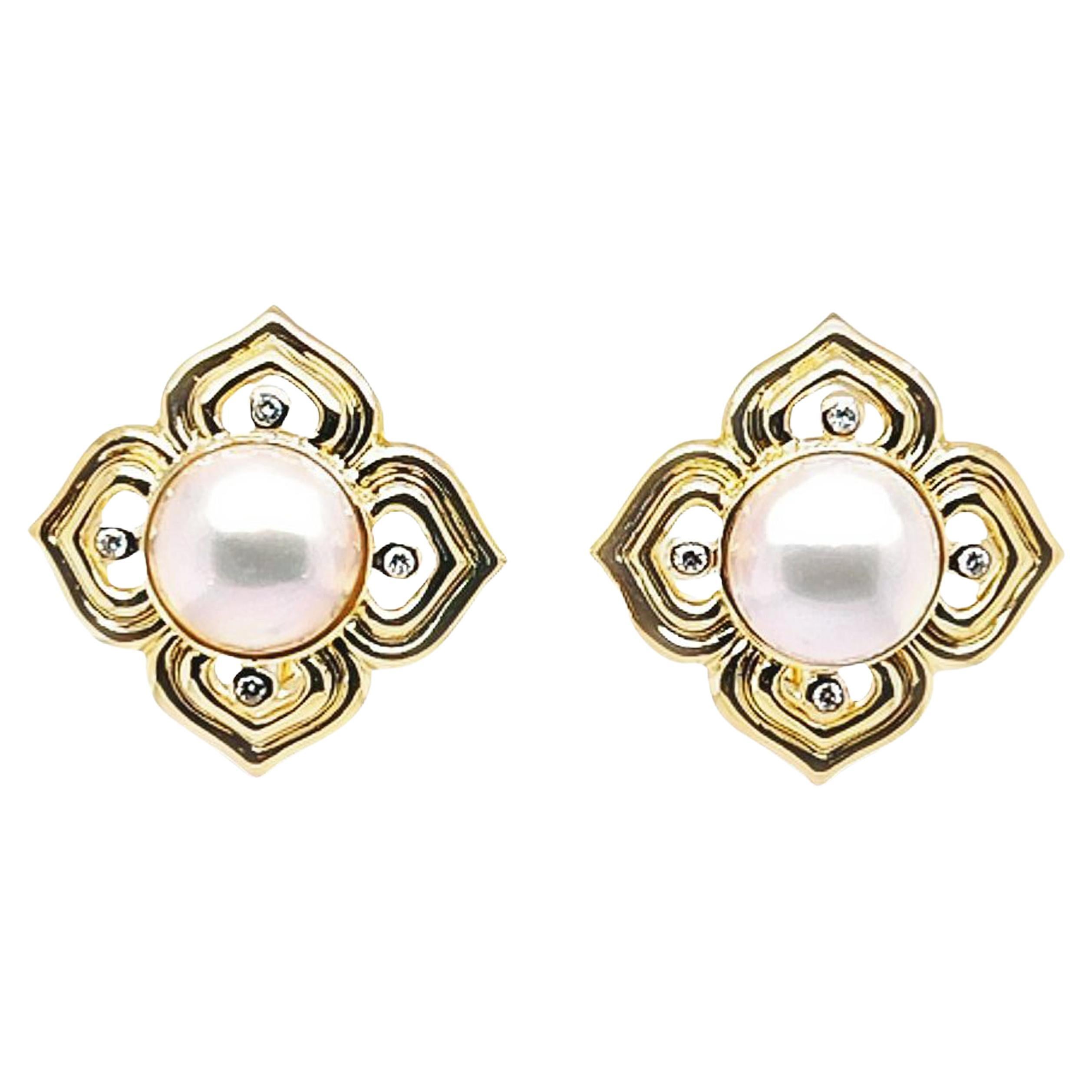 Mabe Pearl and Diamond Flower Earrings