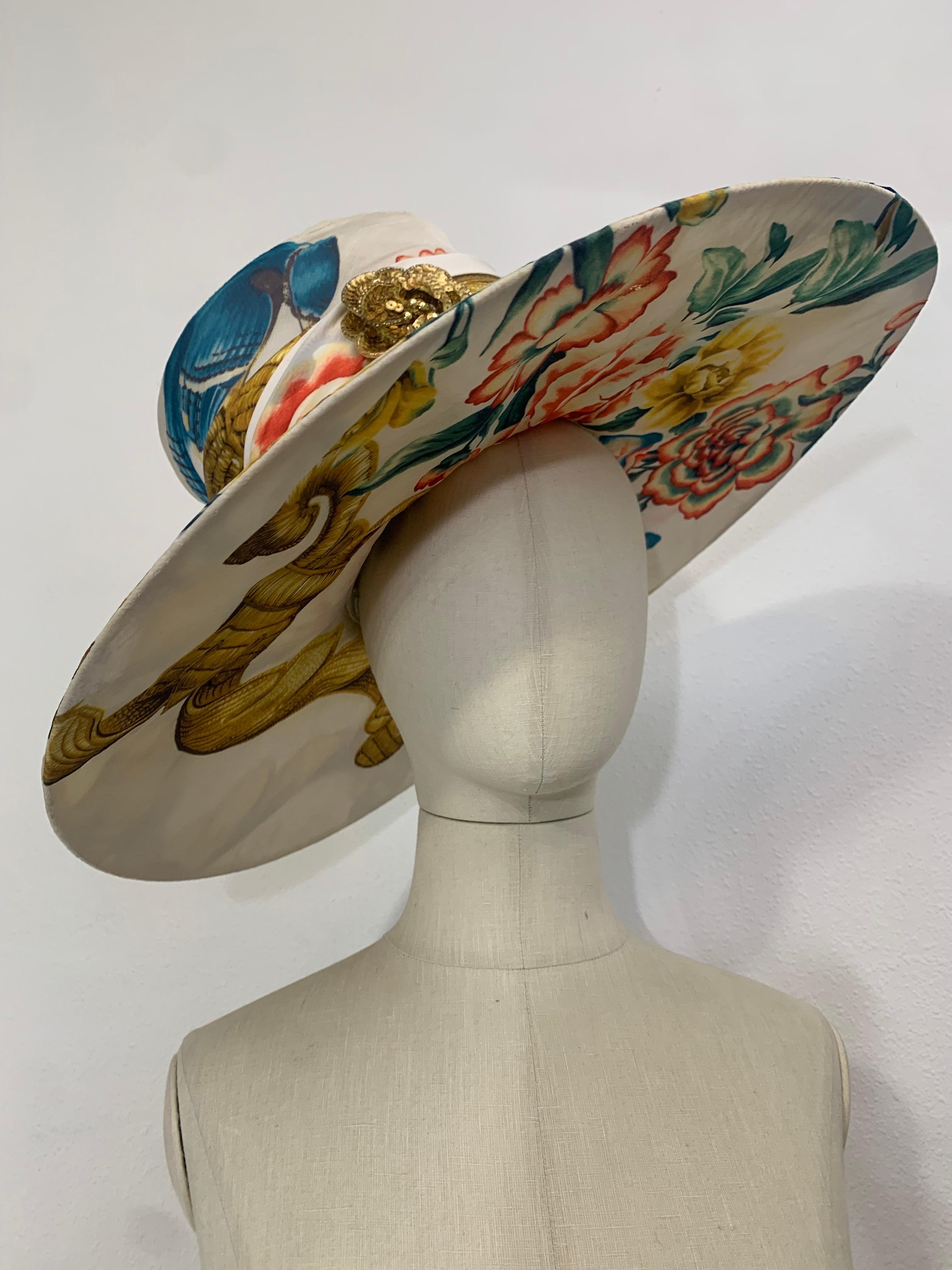 Maison Michel Custom Huge Summer Hat in Roberto Cavalli Floral Print Fabric In Excellent Condition For Sale In Gresham, OR