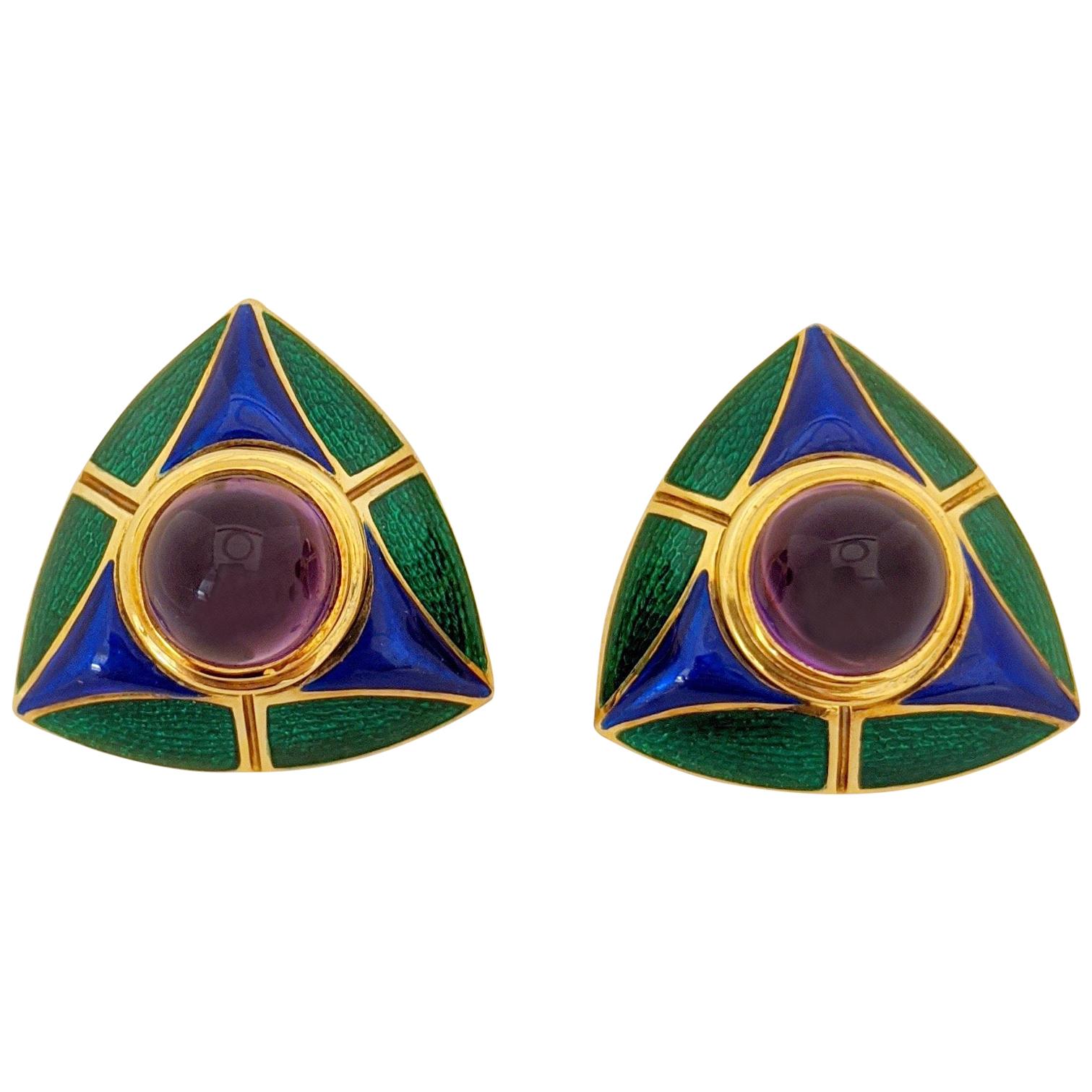 Mavito 18 Karat Yellow Gold Earrings with Amethyst Center, Blue and Green Enamel