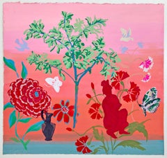 Lake on the Mountain - Red Pink Flowers Butterfly Female Figure Peach, 2021