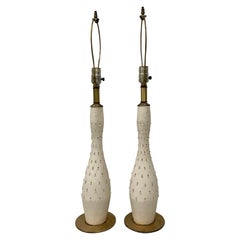 Mid-Century Modern "Tye of California" White and Gold Ceramic Table Lamps