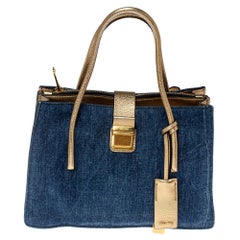 Miu Miu Gold/Blue Madras Leather and Denim Pushlock Tote