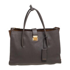 Miu Miu Grey/Tan Madras Leather Large Push Lock Tote