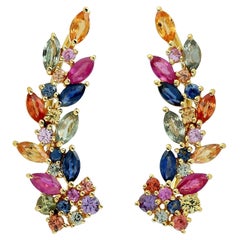 Multi Stone Sapphire 18 Karat Leaf Ear Climbers