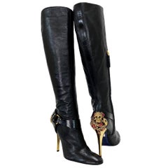 New $2.470 Roberto Cavalli Black Leather Swarovski Iconic Scull Boots 38.5 - 8.5