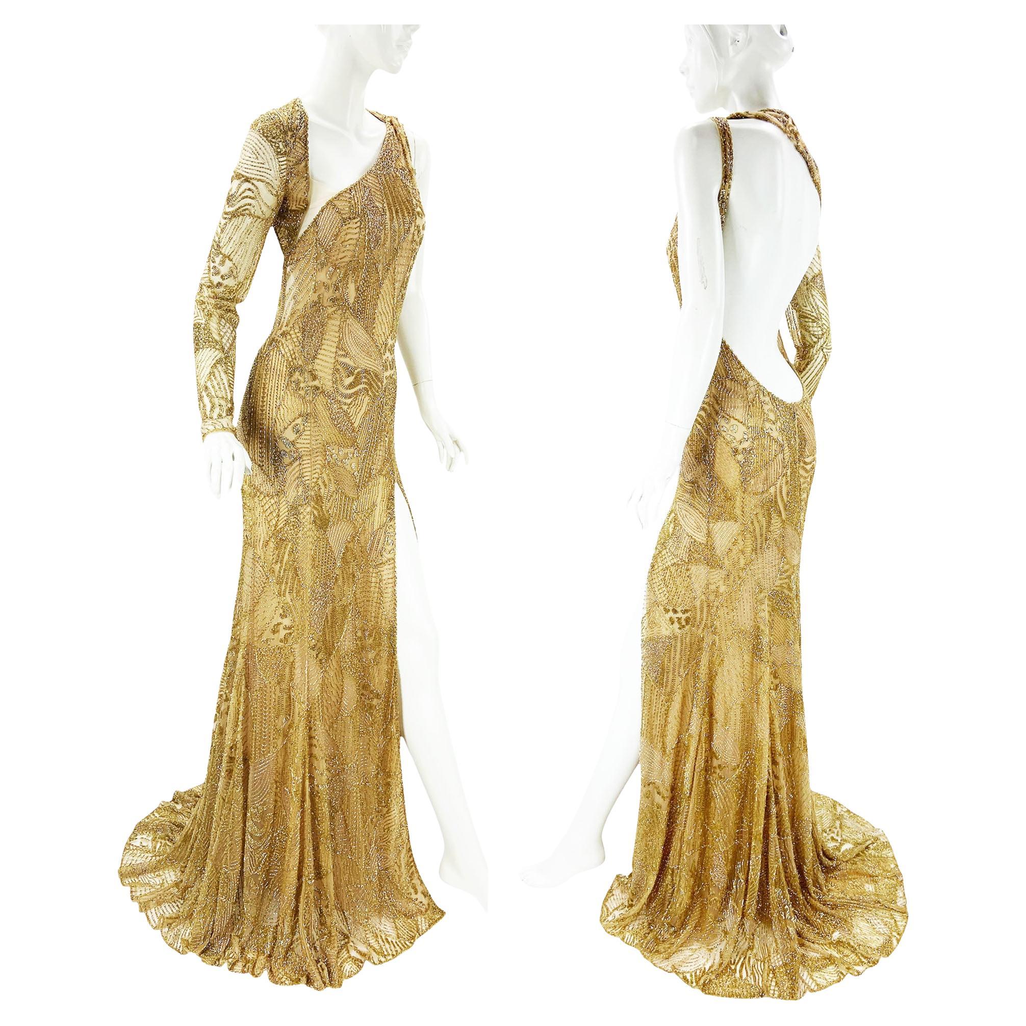 NEU $14860 Roberto Cavalli Goldfarbenes, perlenbesetztes, offenes Kleid mit offenem Rücken, Italienisch, 40