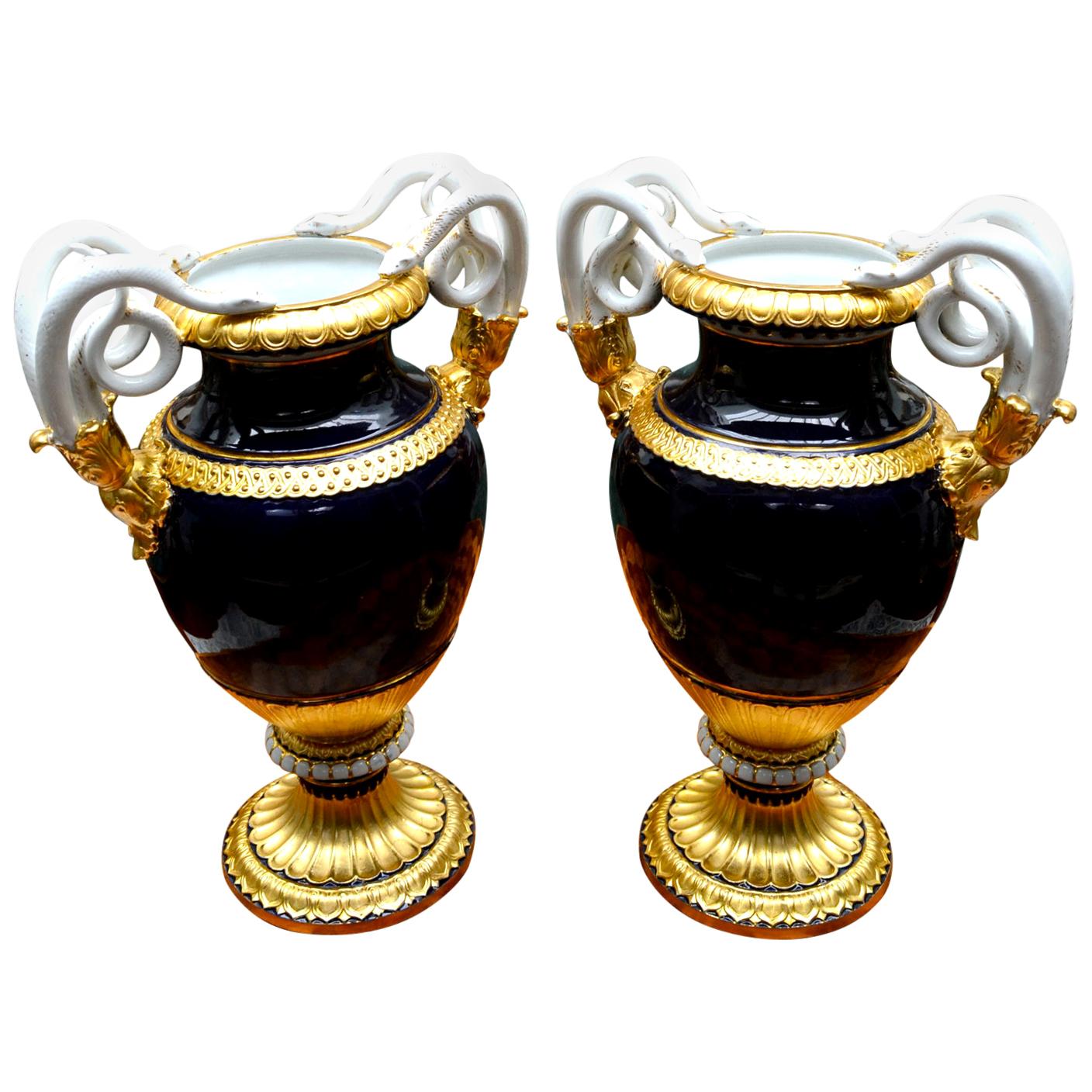 Pair of 19th Century Meissen Snake Handled Cobalt Blue 