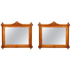 Pair of Victorian Eastlake Walnut and Birdseye Maple Carved Wall Mirrors