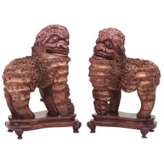 Pair of Chinese Carved Wood Foo Dogs