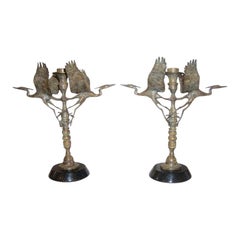 Pair of Bronze Crane Candlesticks