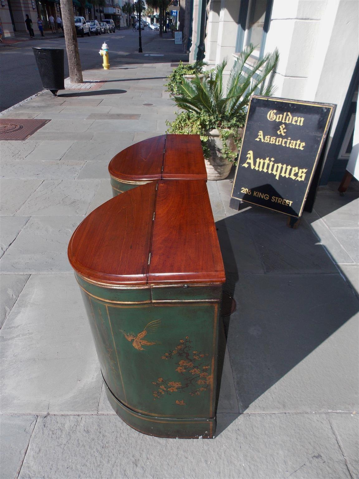 Chinese Export Pair of Chinese Mahogany and Tin Hinged Painted Figural Tea Bins, Circa 1840 For Sale