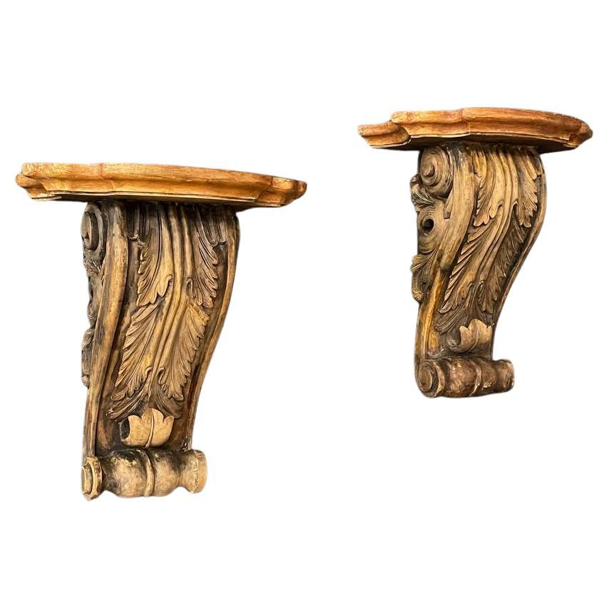 Pair of Classical Italian Painted & Carved Wood Wall Brackets