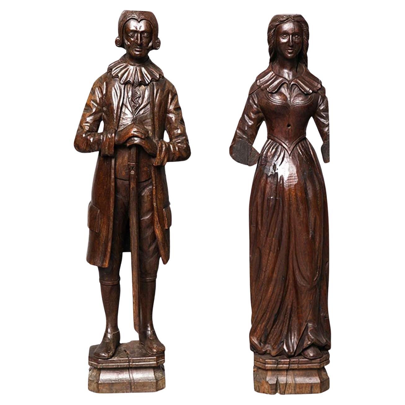 Pair of Early 18th Century Carved Oak Newel Post Figures