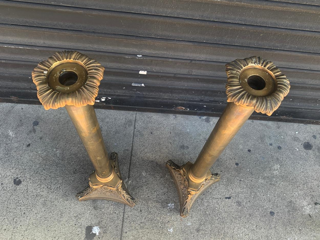 Pair of Tall Candle Holders in Bronze Signed A.K. In Good Condition For Sale In Los Angeles, CA