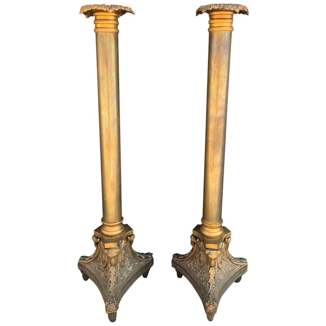 Pair of Tall Candle Holders in Bronze Signed A.K. For Sale