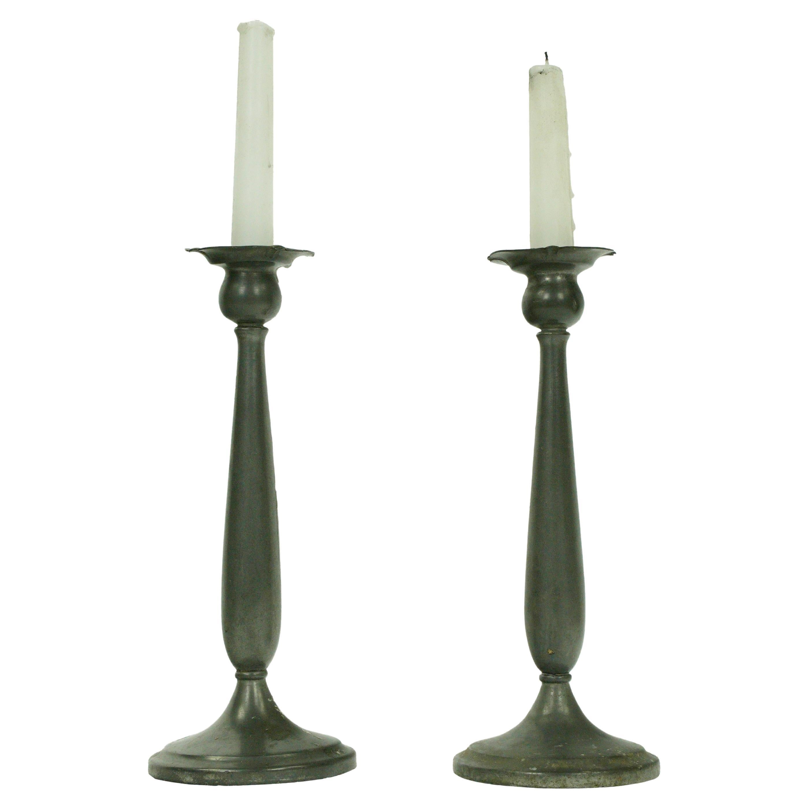 Pair of Traditional Tall Pewter Candle Holders