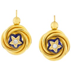 Pair of Victorian Gold, Diamond and Enamel Drop Earrings