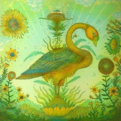 Golden Green Swan Event - Surreal Landscape Bird Sunflowers Lime Green, 2020