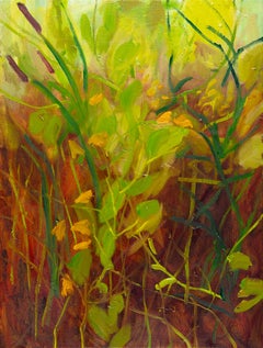 Cattails, Jewelweed and Detritus, I (Landscape, Mixed media, reds, orange)