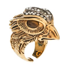 Roberto Cavalli Crystal Gold Tone Crystal Eagle Head Cocktail Ring Size EU 54