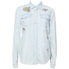 Roberto Cavalli Light Blue Distressed Denim Patch Detail Shirt S