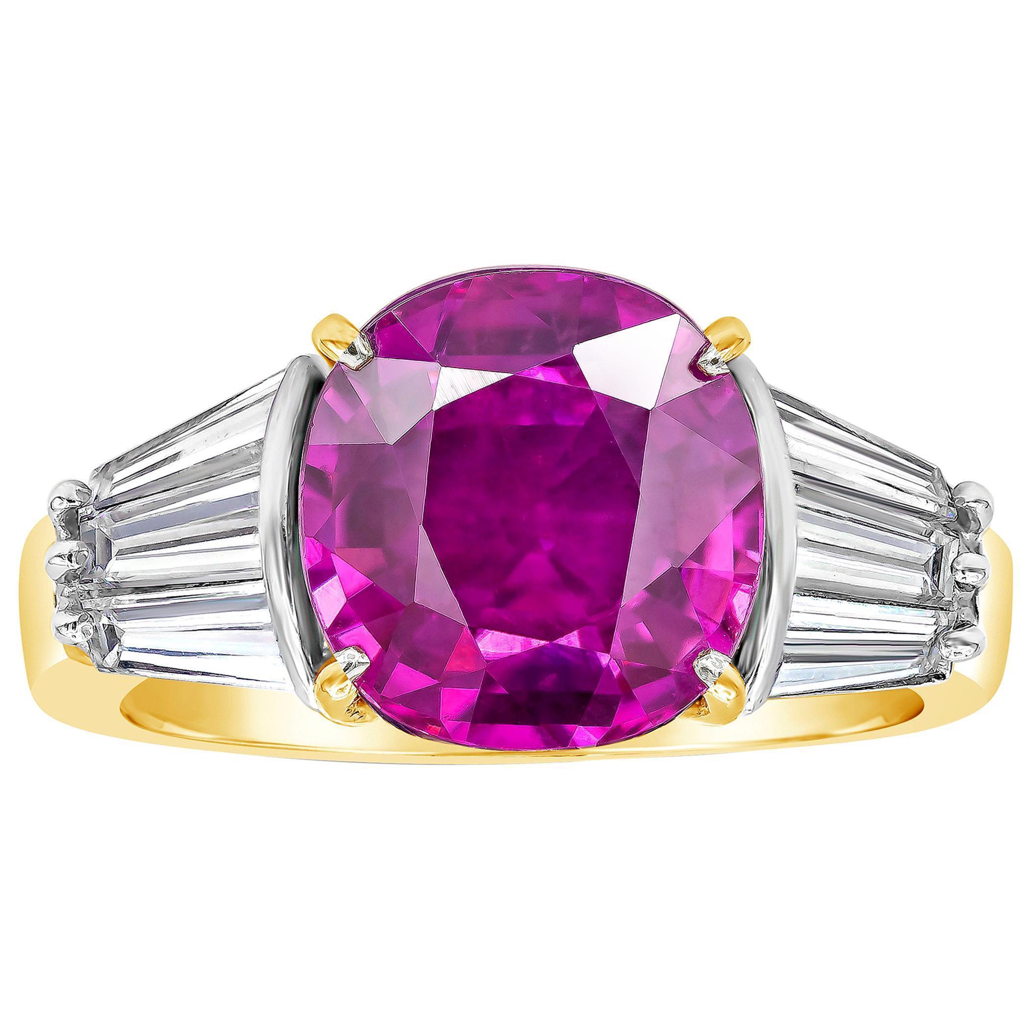 4.95 Carats Oval Cut Natural Purple Pink Sapphire Three-Stone Engagement Ring For Sale