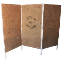 Rustic French Burlap Grain Sacks and Wood Folding Screen / Room Divider