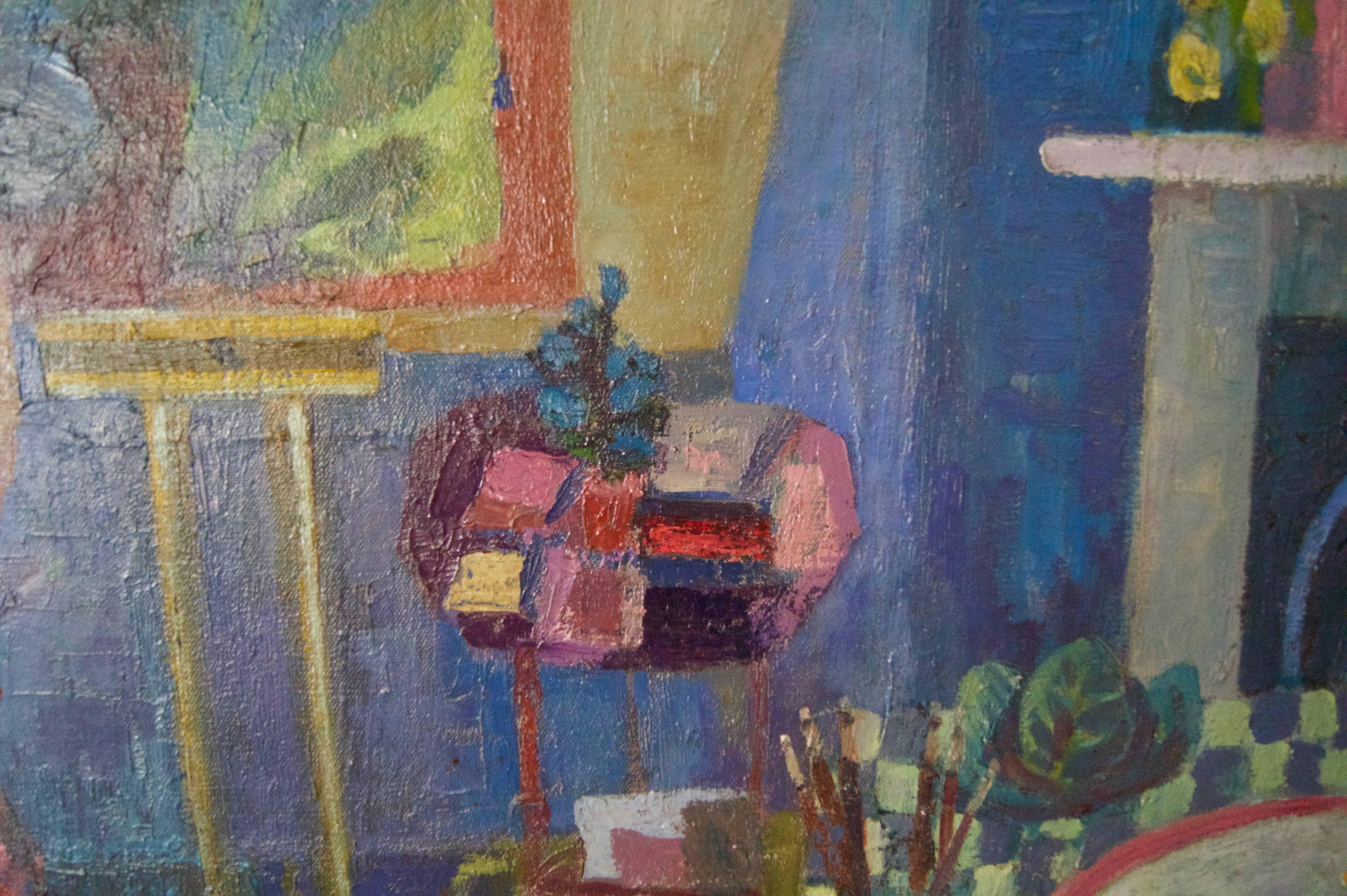 Painting in the Kitchen - Late 20th Century Oil of Artist Working by Ruth Burden For Sale 3