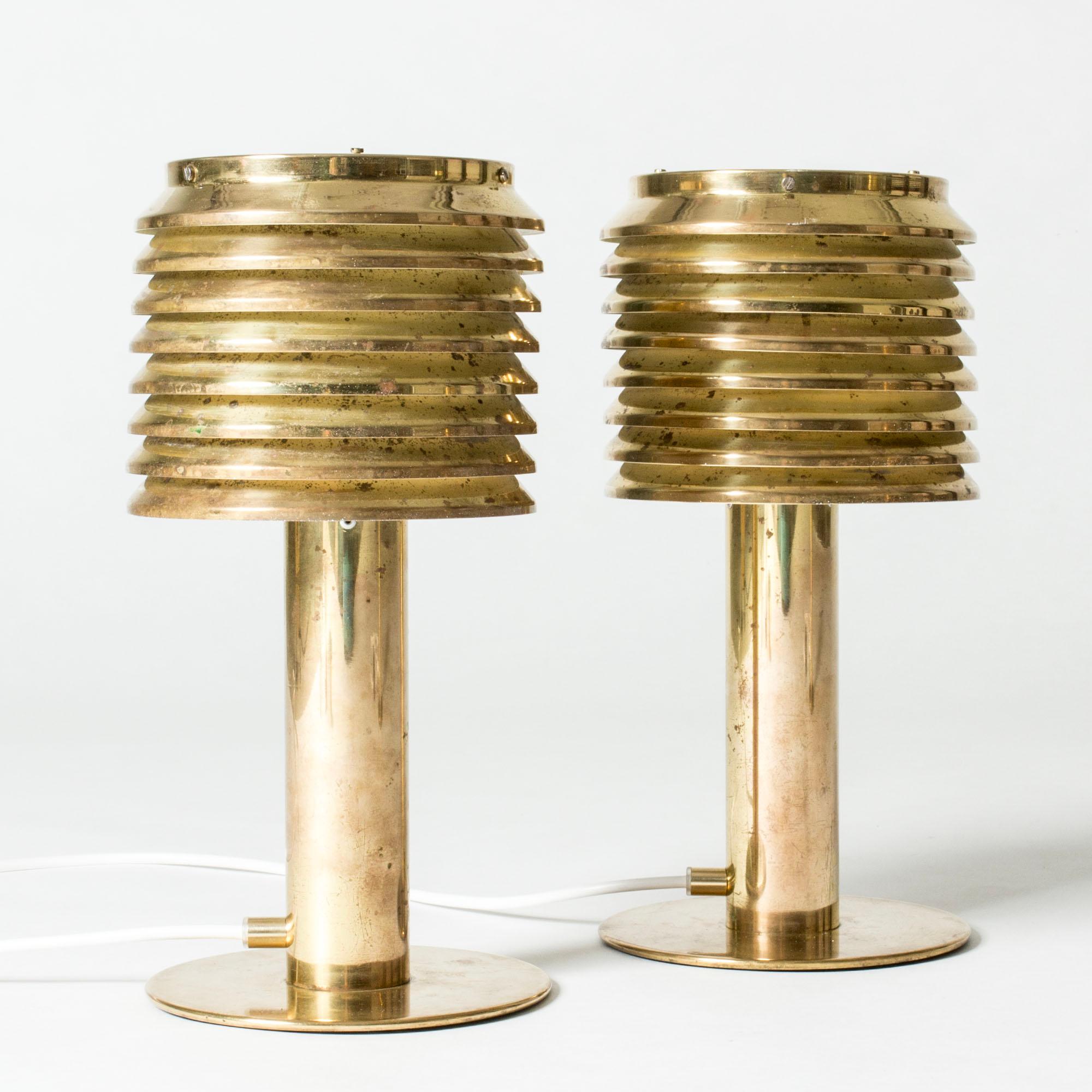 Pair of very cool brass table lamps by Hans-Agne Jakobsson. Brass lamellas are stacked in a tight design and the light is shielded at the top by perforated spheres.