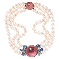 Seaman Schepps Pink Tourmaline, Sapphire, Cultured Pearl and Diamond Necklace