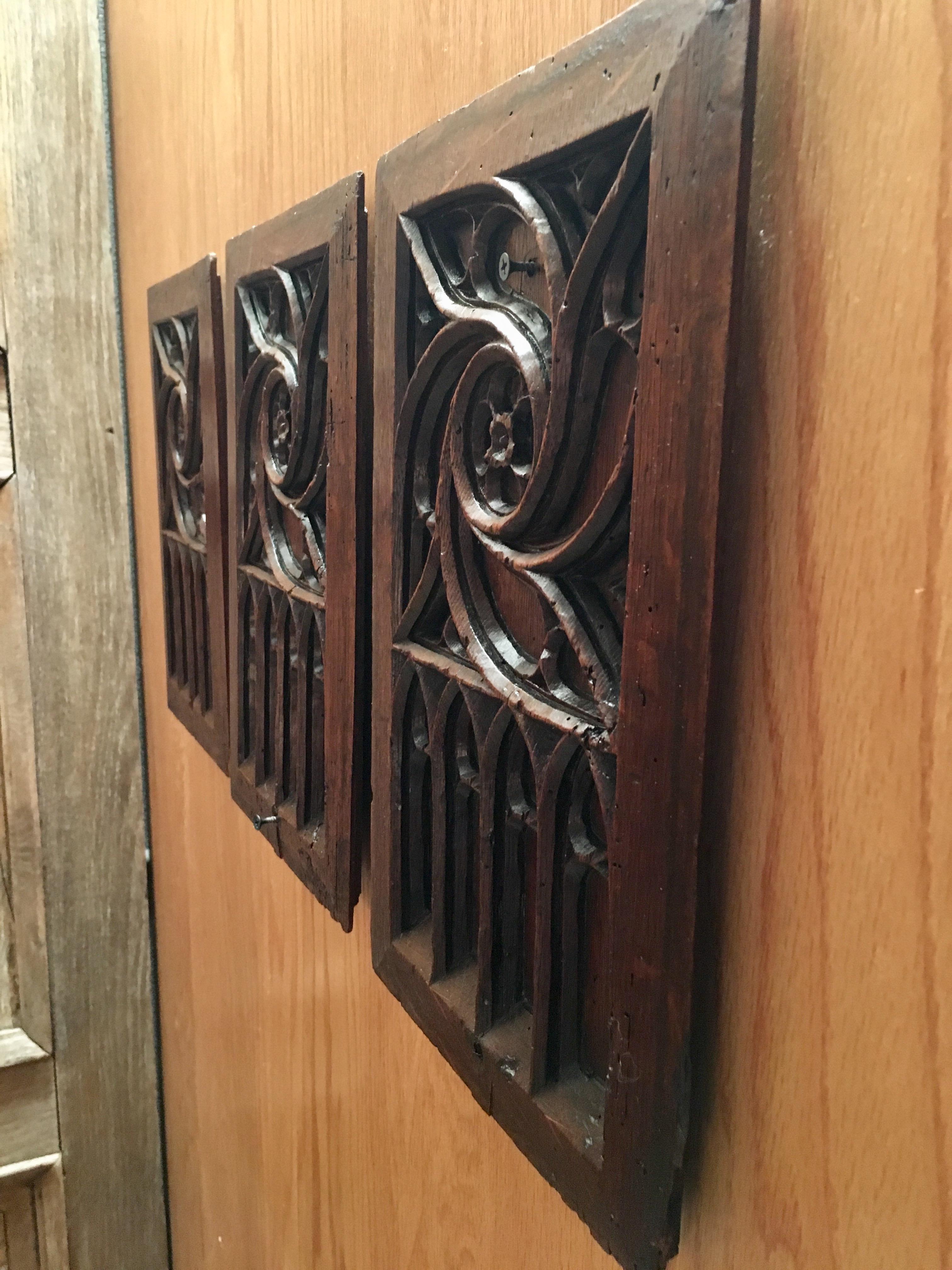 Hand-Carved Set of Three Gothic Revival Panels