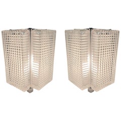  Pair of Midcentury Glass Table Lamps with Polished Nickeled Trim