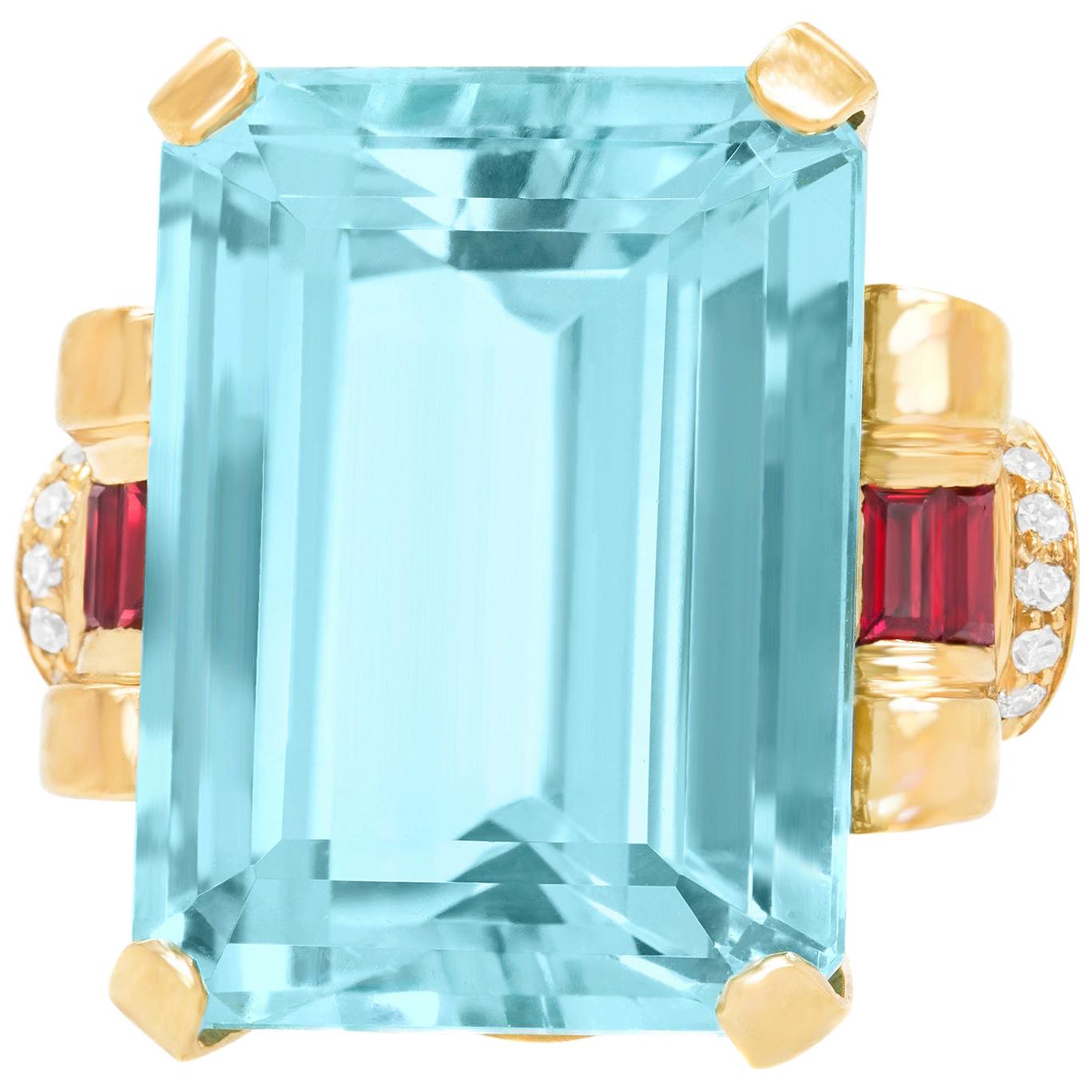 Spectacular Retro 1940s Aquamarine and Ruby Gold Ring