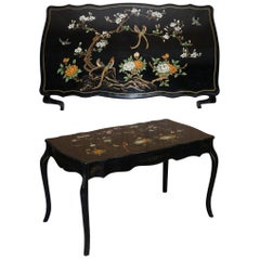 Stunning Black Lacquered Polychrome Painted Writing Table Desk Birds Flowers