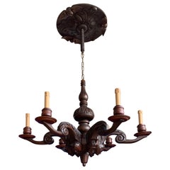 Stunning & Sculptural, Large Wooden Medieval St. Chandelier with Mask Sculptures