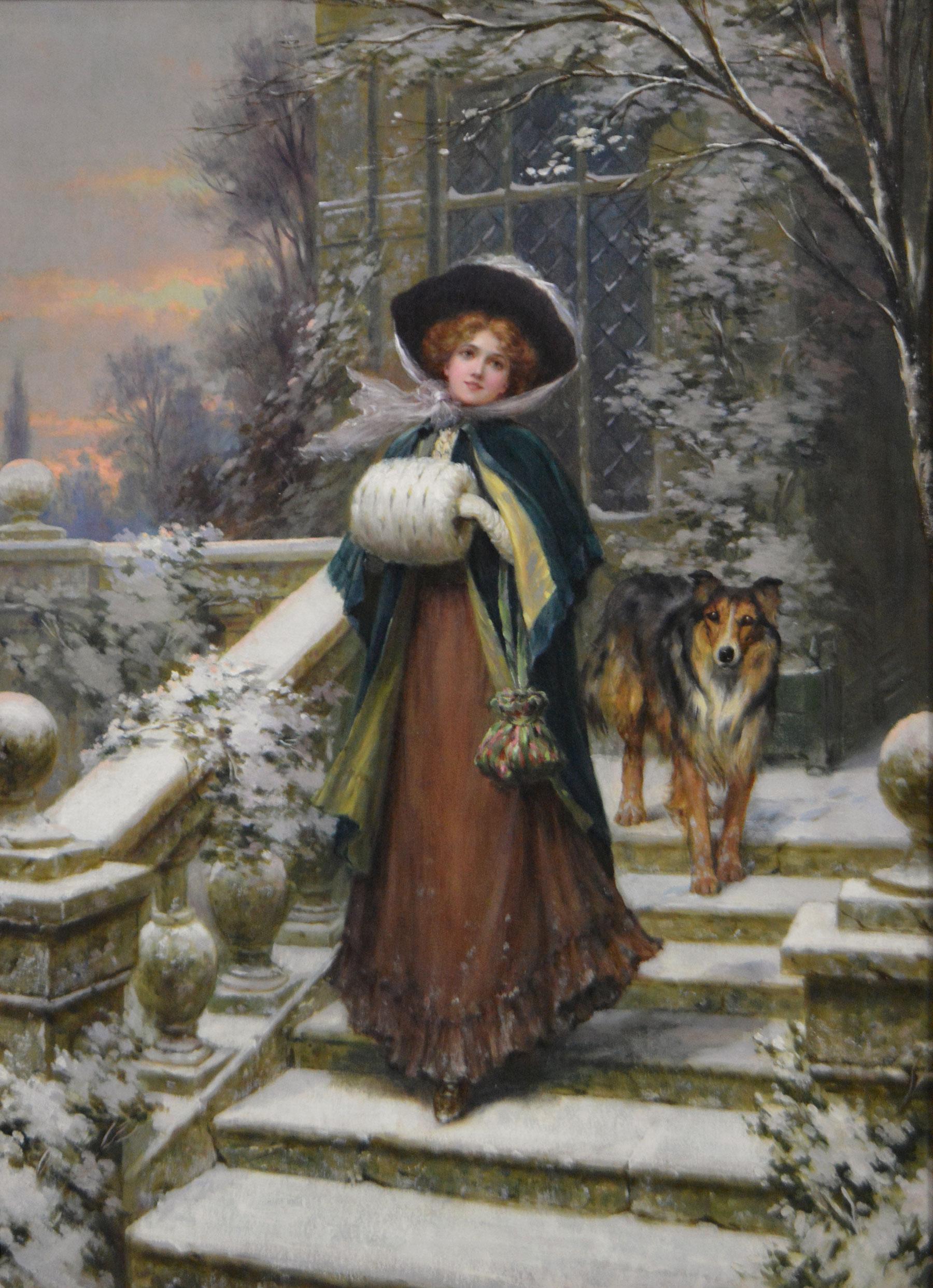 Genre oil painting of women with a dog outside a country house - Painting by Sydney Kendrick