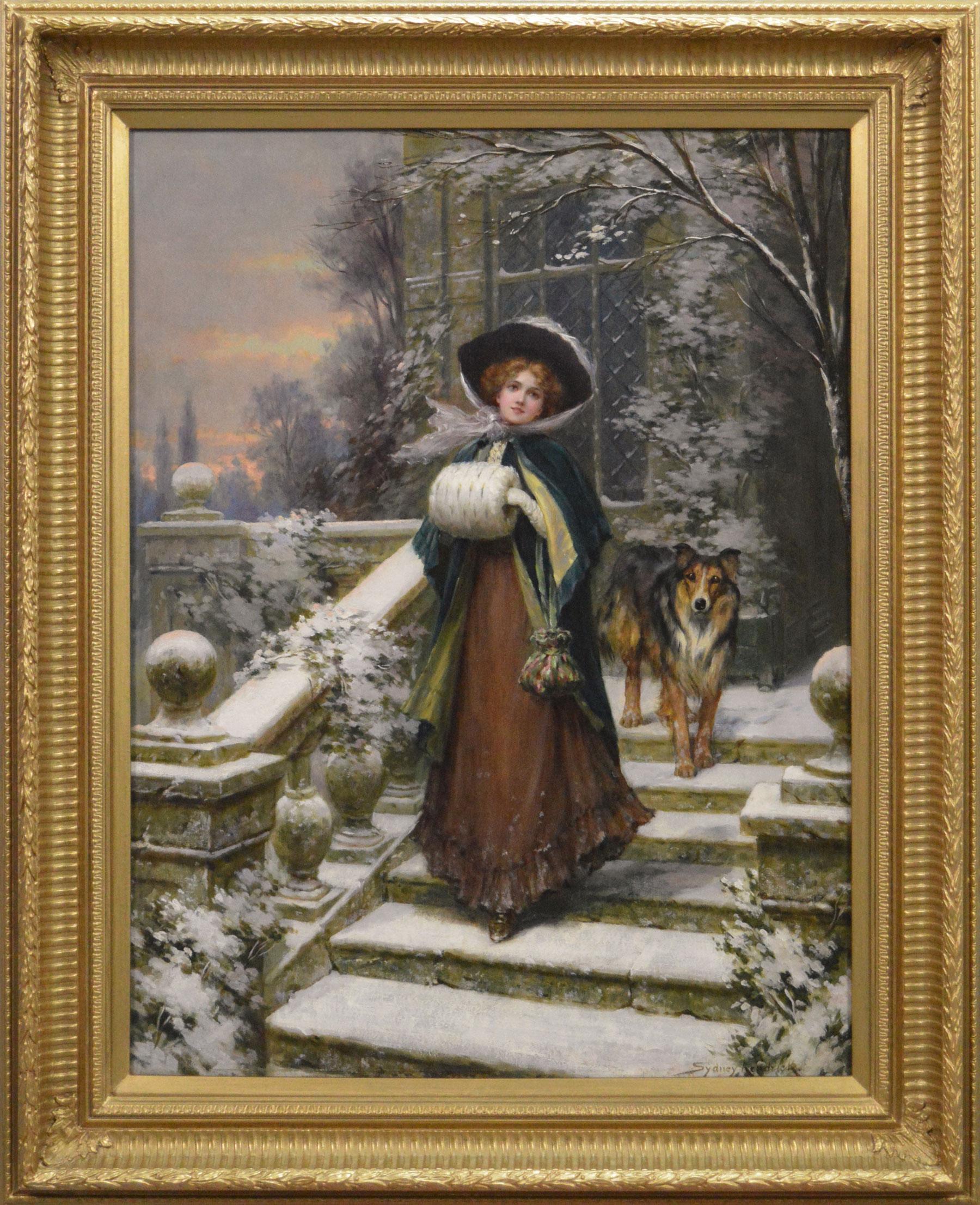 Sydney Kendrick Animal Painting - Genre oil painting of women with a dog outside a country house