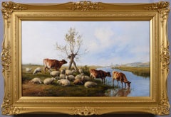 19th Century landscape animal oil painting of cattle & sheep by a river