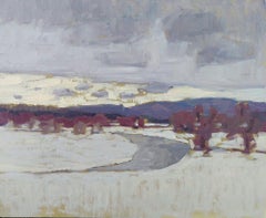 "Pretend Snow" Oil painting of snow white winter landscape with purple mountains