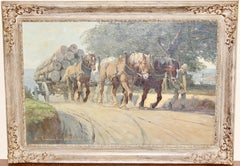 Antique Painting, oil on canvas. Draft Horses on country Road.