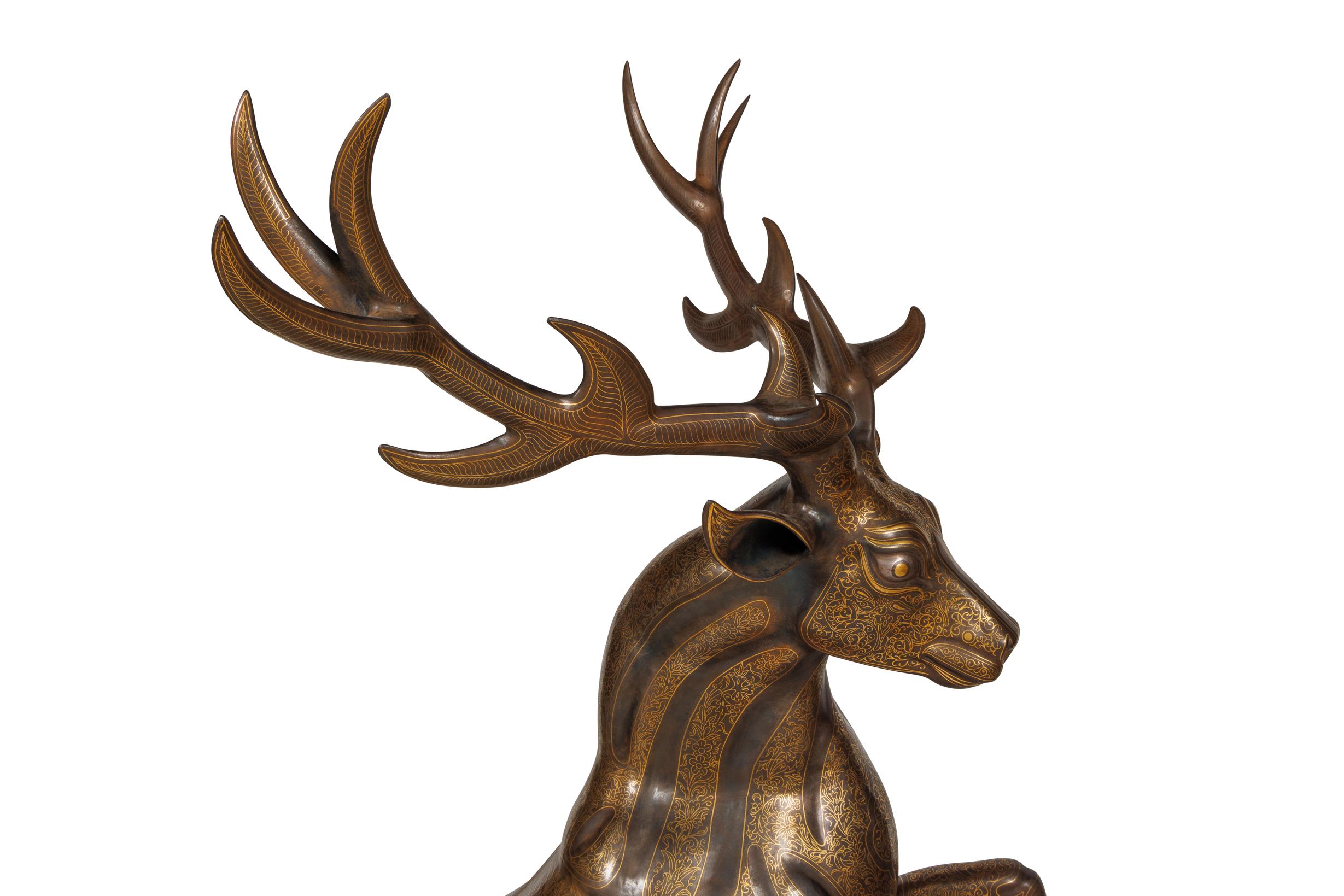 An Exceptional Life-Size Middle Eastern Gold-Inlaid Steel Deer Sculpture For Sale 11