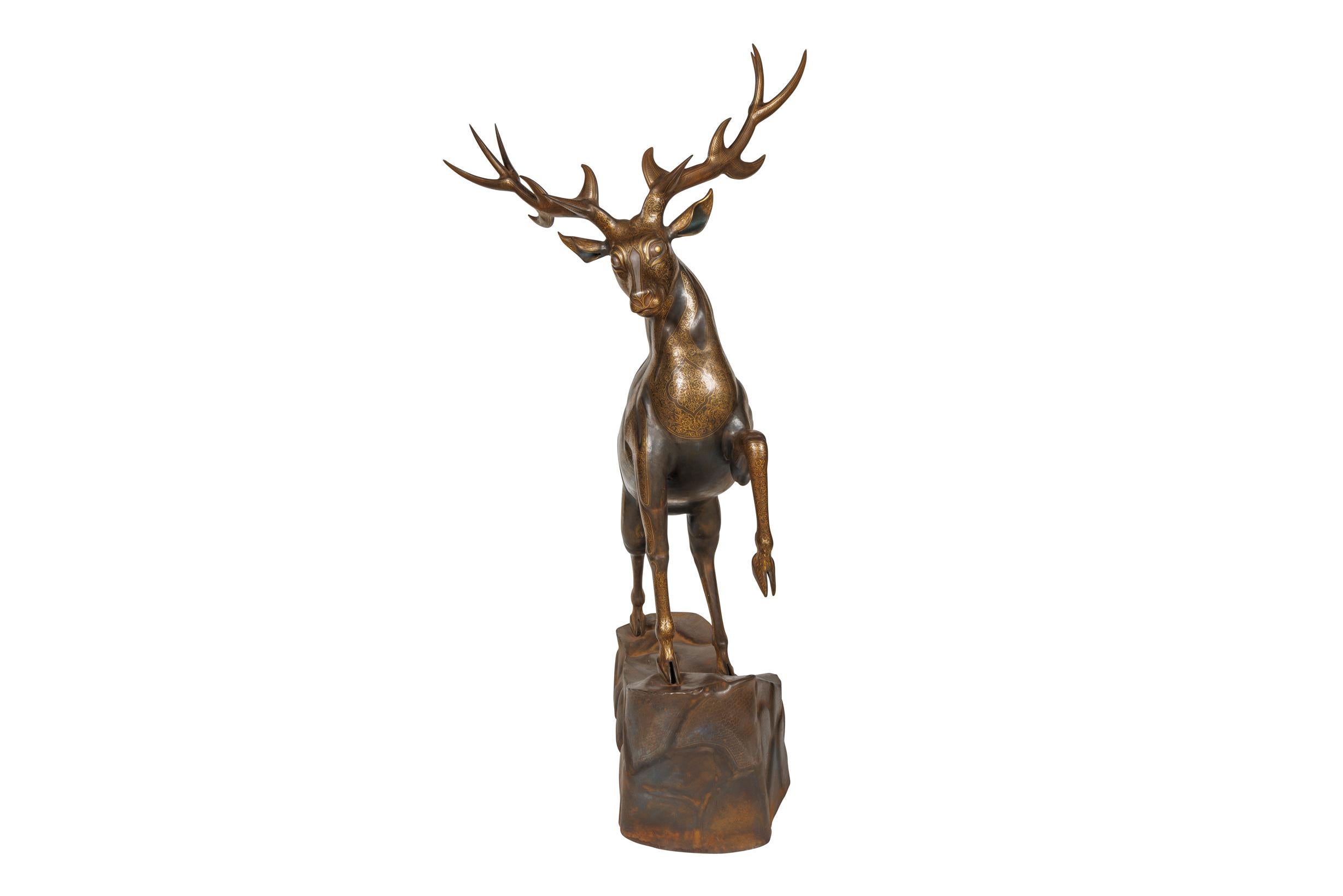 An Exceptional Life-Size Middle Eastern Gold-Inlaid Steel Deer Sculpture For Sale 13