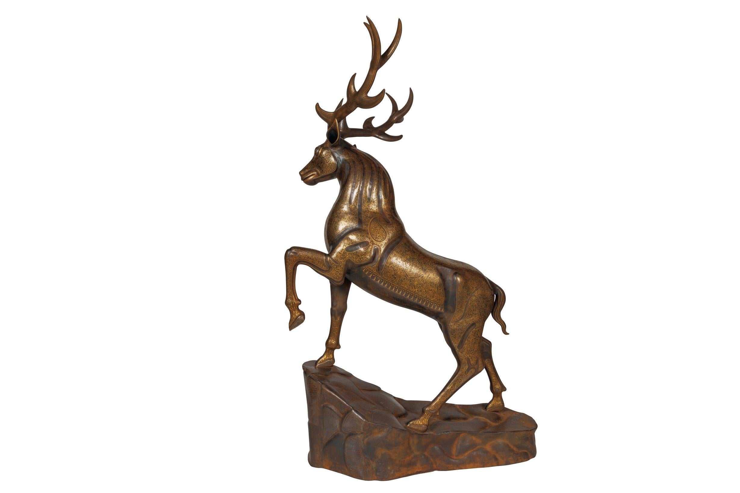 An Exceptional Life-Size Middle Eastern Gold-Inlaid Steel Deer Sculpture - Brown Figurative Sculpture by Unknown