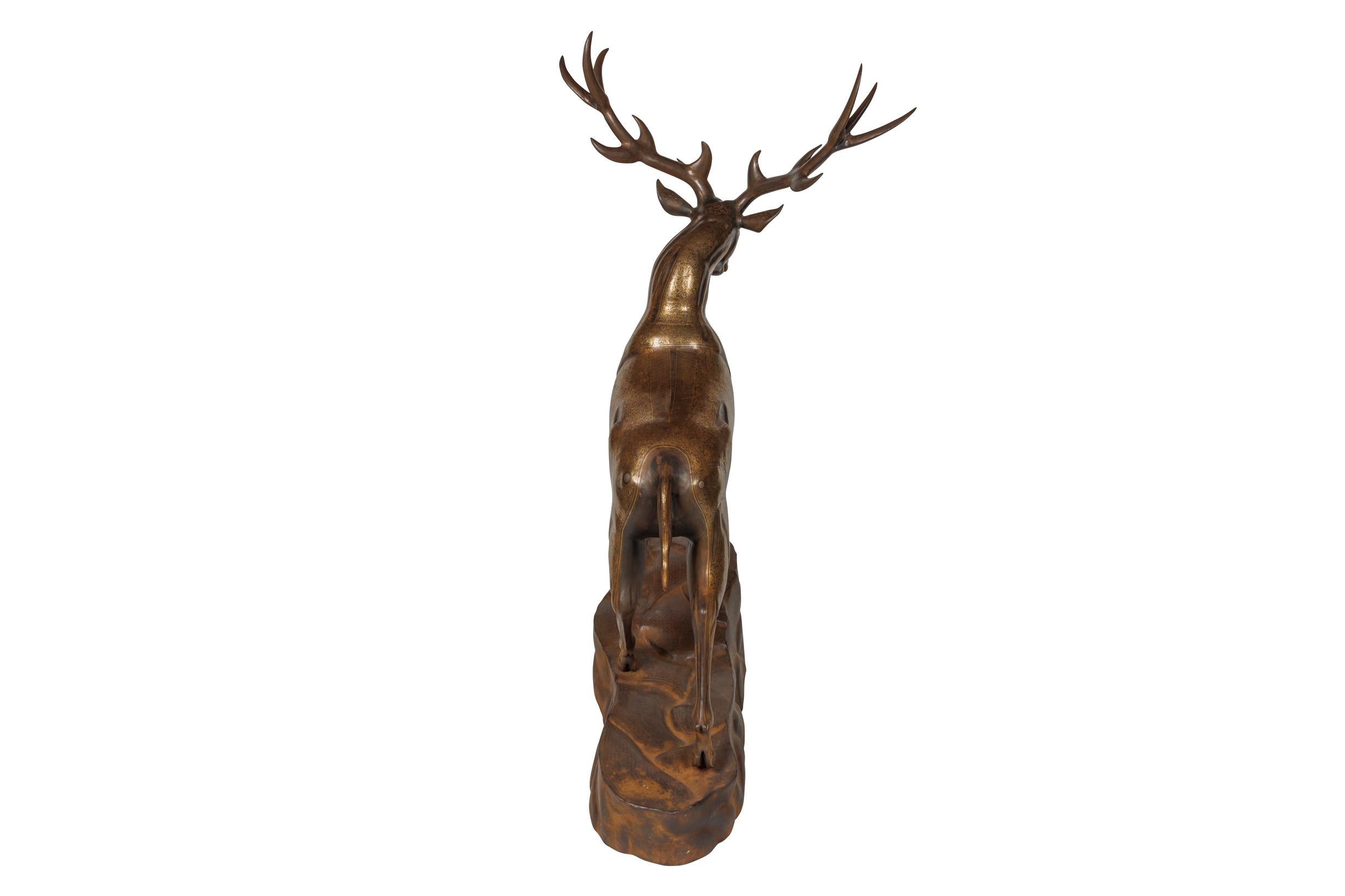 An Exceptional Life-Size Middle Eastern Gold-Inlaid Steel Deer Sculpture For Sale 4