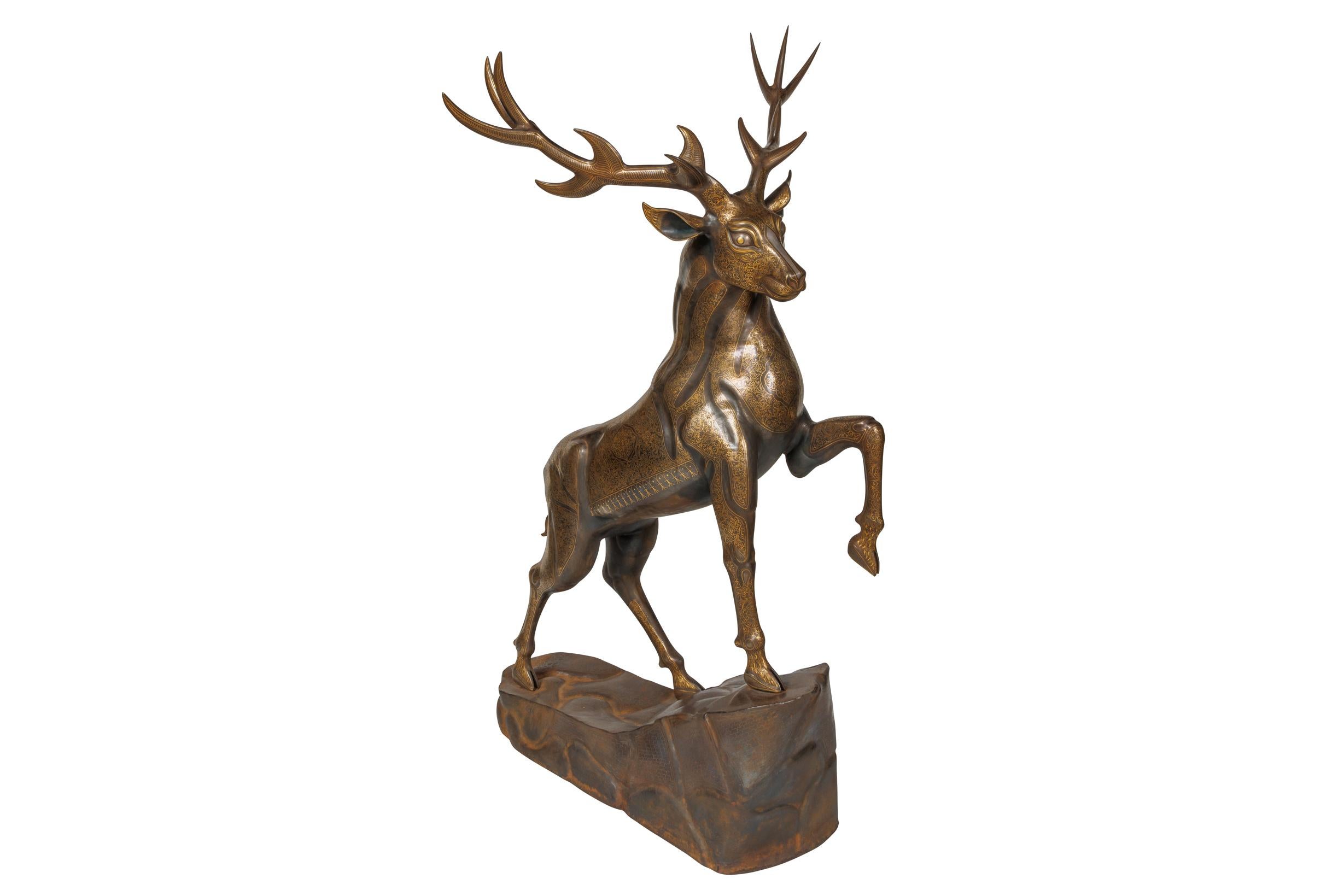 Unknown Figurative Sculpture - An Exceptional Life-Size Middle Eastern Gold-Inlaid Steel Deer Sculpture