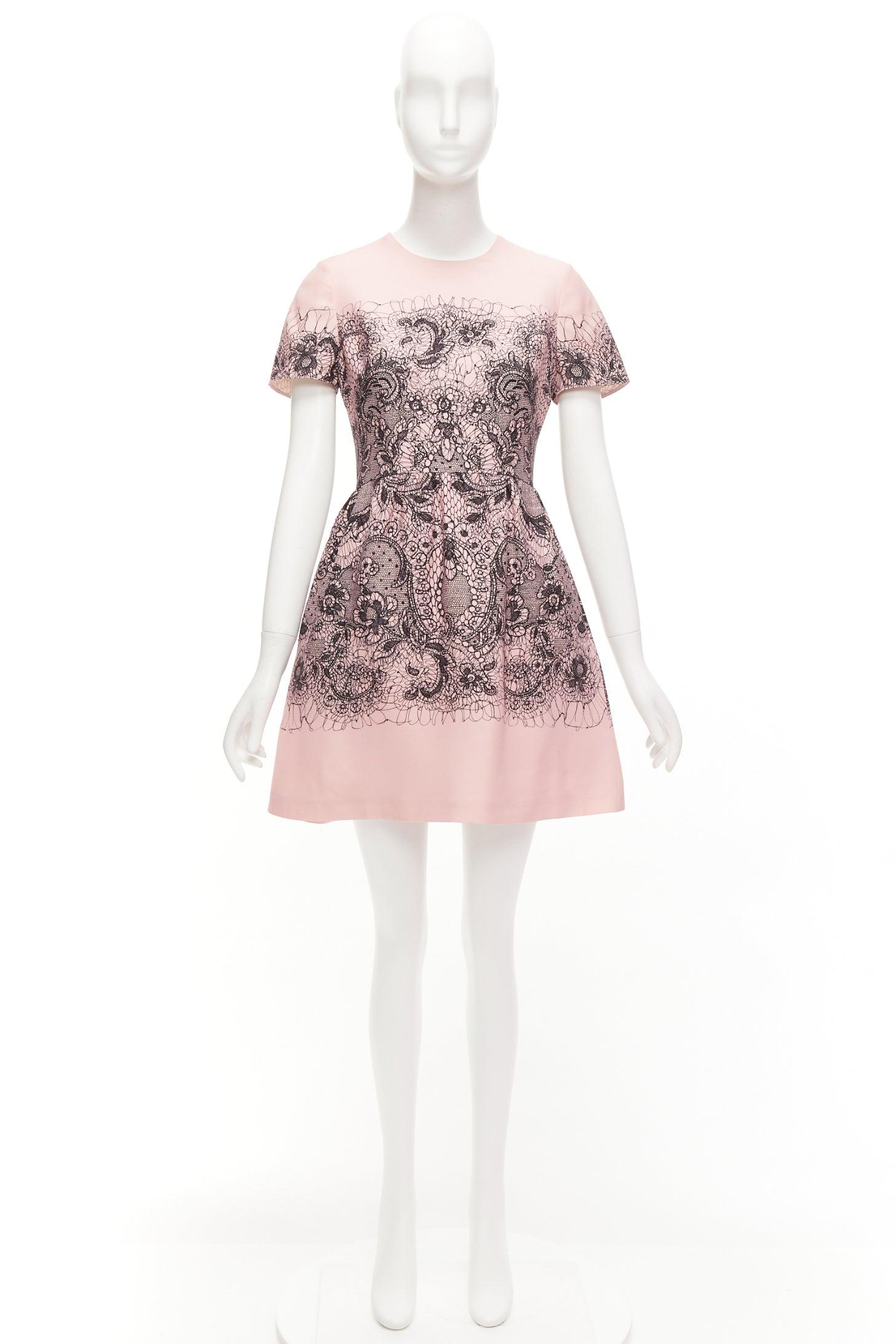 VALENTINO Rosa Schurwolle Seide Schwarz Scribble Spitze Tromp Loeil Kleid IT40 S im Angebot 5